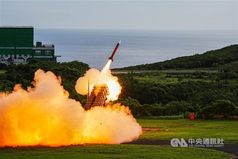 A U.S.-made Patriot PAC-II surface-to-air missile is fired during a precision drill held in southern Taiwan on Tuesday. CNA photo Aug. 20, 2024