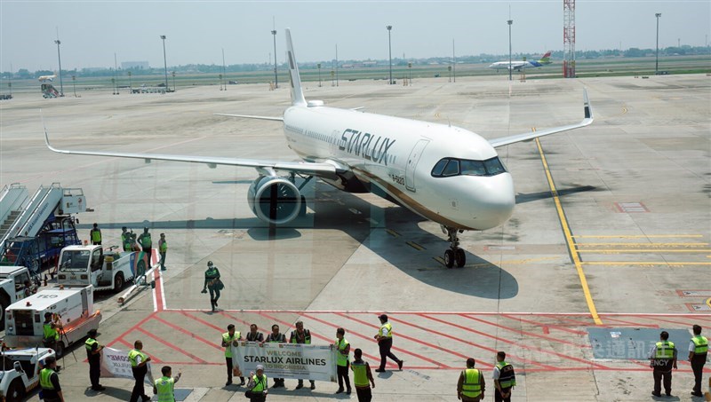 Starlux Airlines' first plane to Jakarta lands at Jakarta's Soekarno-Hatta International Airport at 12:23 p.m. local time. CNA photo Sept. 1, 2024