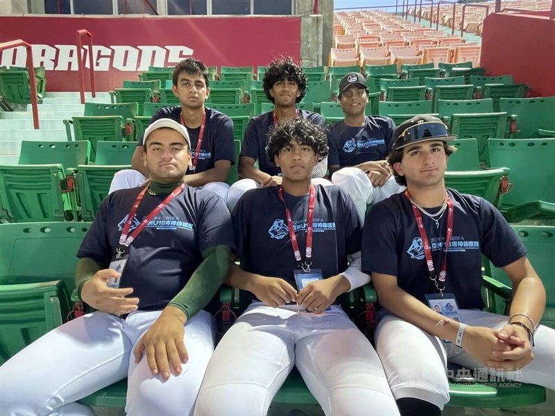 The six Pakistani players that have arrived in Taiwan are pictured when they watch one of the three opening day games in Taipei on Monday. CNA photo Sept. 2, 2024