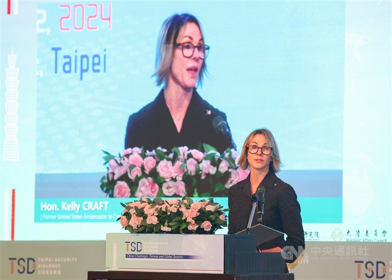 Former United States ambassador to the United Nations Kelly Craft delivers a speech during an international security conference in Taipei on Thursday. CNA photo Sept. 12, 2024