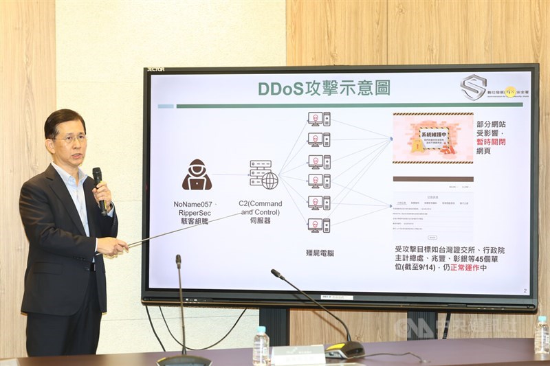 Minister of Digital Affairs Yennun Huang explains DDoS attacks on 45 Taiwanese entities this week from a pro-Russian hacking group. CNA photo Sept. 14, 2024