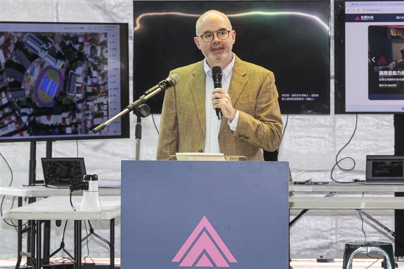 American Institute in Taiwan Director Raymond Greene speaks at an emergency preparedness exercise organized by a local NGO. CNA photo Sept. 14, 2024