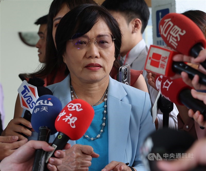 Minister of the Interior Liu Shyh-fang speaks to reporters in front of the Legislative Yuan on Friday. CNA photo Sept. 27, 2024