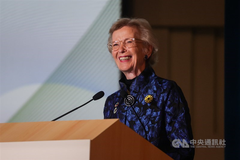 Former President of Ireland Mary Robinson delivers her Tang Prize in Rule of Law lecture on Saturday. CNA photo Sept. 28, 2024