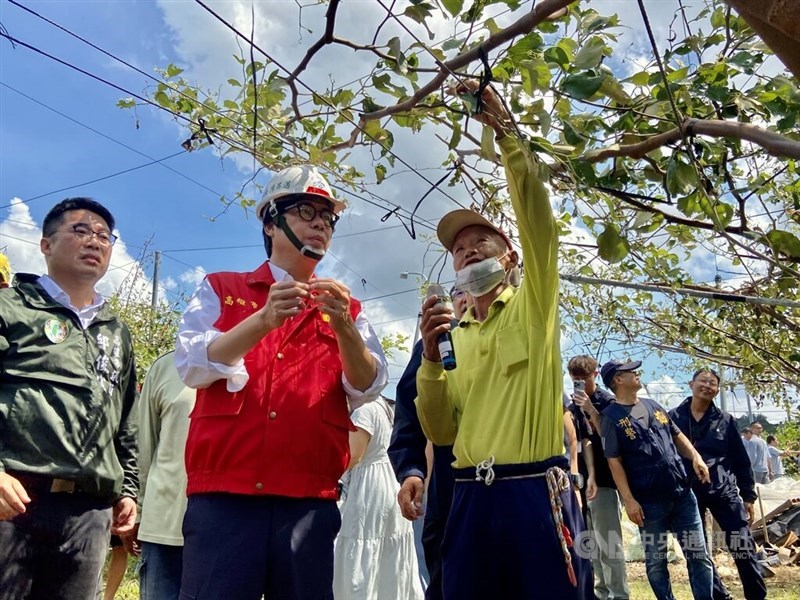 A jujube grower shows the damage caused by Typhoon Krathon to Kaohsiung Mayor Chen Chi-mai (in red vest) on Monday. CNA photo Oct. 7, 2024