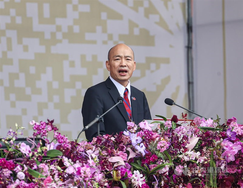 Legislative Speaker Han Kuo-yu delivers a speech during the National Day main celebration event in front of the Presidential Office in Taipei on Thursday. CNA photo Oct. 10, 2024