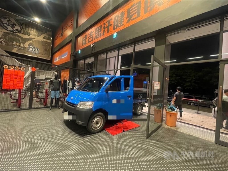 A truck crashed into the entrance of a gym owned by internet influencer Holger Chen in Taichung in mid-June. Photo courtesy of local authorities June 12, 2024