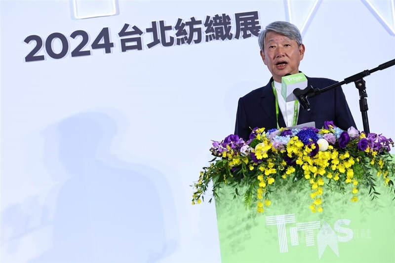 Economic Affairs Minister Kuo Jyh-huei at the Taipei Innovative Textile Application Show opening ceremony Tuesday. CNA photo Oct. 15, 2024