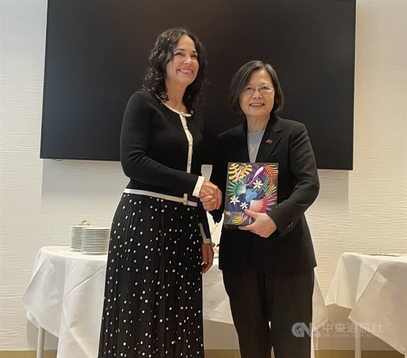 Slovakian MEP Miriam Lexmann (left) and former President Tsai Ing-wen shake hands at a public event in Brussels Friday. CNA photo Oct. 18, 2024