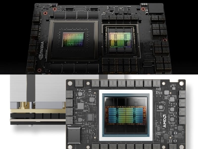 Nvidia's H100 GPU and AMD MI300X. Images: company websites