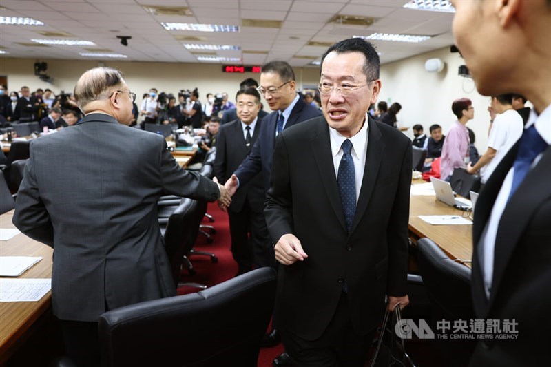 Minister of National Defense Wellington Koo and officials greet lawmakers and people attending Wednesday's legislative hearing in Taipei. CNA photo Oct. 23, 2024