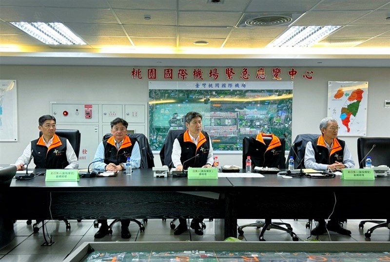 Taiwan Taoyuan International Airport officials convene for an emergency meeting in preparation of the approaching Typhoon Kong-rey Wednesday. Photo courtesy of Taoyuan International Airport Corp. Oct. 30, 2024