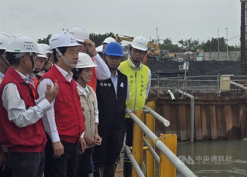 President Lai Ching-te (second left) inspects a flood prevention improvement project in Yilan County on Saturday. CNA photo Nov. 2, 2024