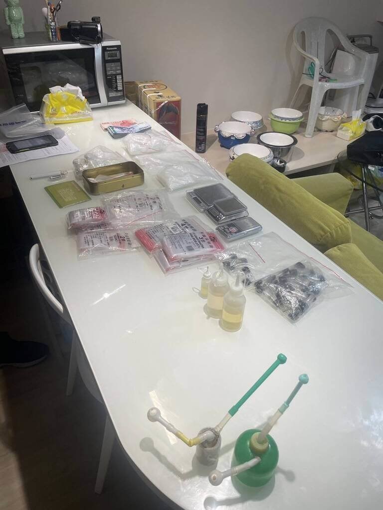 Illicit drugs and raw materials used to prepare etomidate vape cartridges are seen at a suspect's residence during a recent raid in Hsinchu County. Photo courtesy of a private contributor Oct. 29, 2024