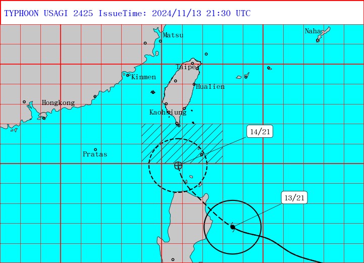 Graphic: Central Weather Administration (UTC, or Zulu time, is eight hours behind Taipei)