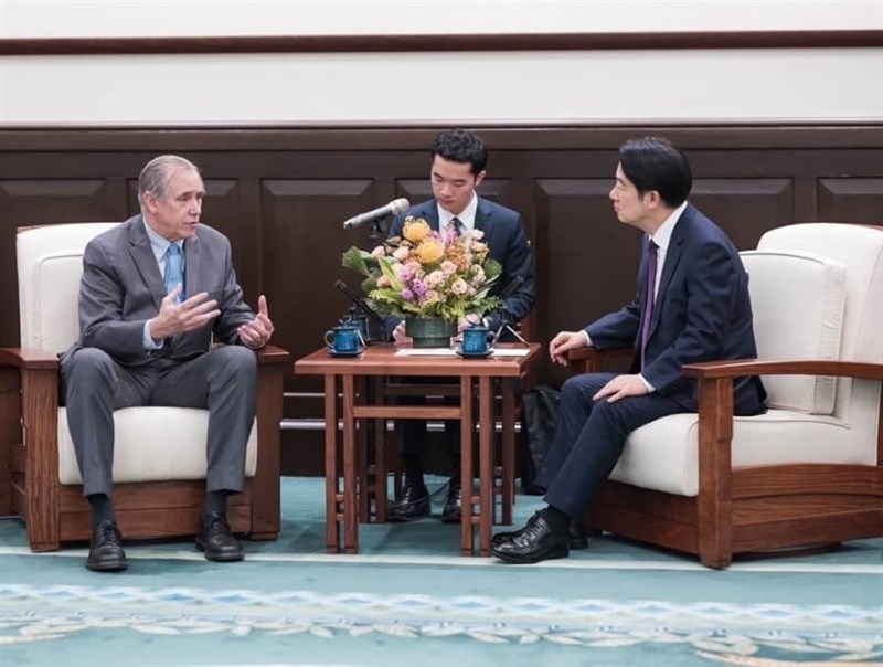 President Lai Ching-te (right) meets with United States Senator Jeff Merkley at the Presidential Office in Taipei on Tuesday. Photo courtesy of the Presidential Office