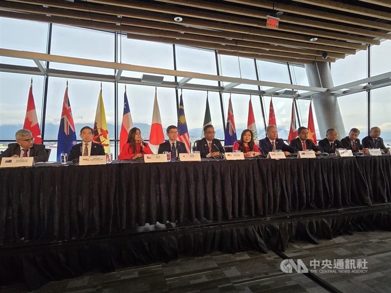 Representatives of the CPTPP's member nations hold a press conference during their commission meeting in Vancouver, Canada from Nov. 27-28. CNA photo Nov. 29, 2024