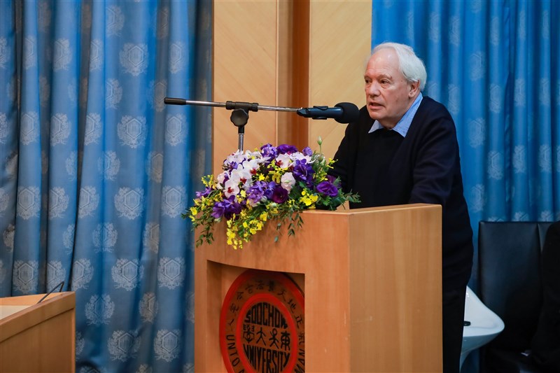 Nicolas Werth, chairperson of International Memorial Association, delivers a speech during an event at Soochow University in Taipei Thursday. Photo courtesy of National Human Rights Commission Dec. 14, 2024