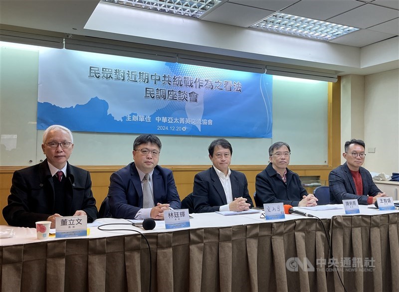 Experts in cross-strait relations, including Asia-Pacific Elite Interchange Association Secretary-General Arthur Wang (first right) and The Prospect Foundation Vice President Raymond Sung (third left), discuss the influence of China's United Front efforts at a seminar in Taipei Friday. CNA photo Dec. 21, 2024