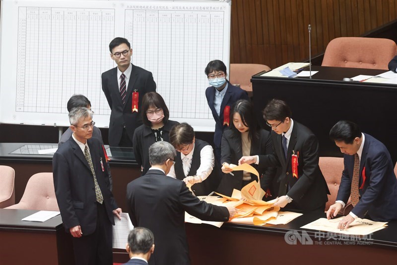 Staff of the Legislature count the votes cast by lawmakers on the appointment of the justice nominees. CNA photo Dec. 24, 2024