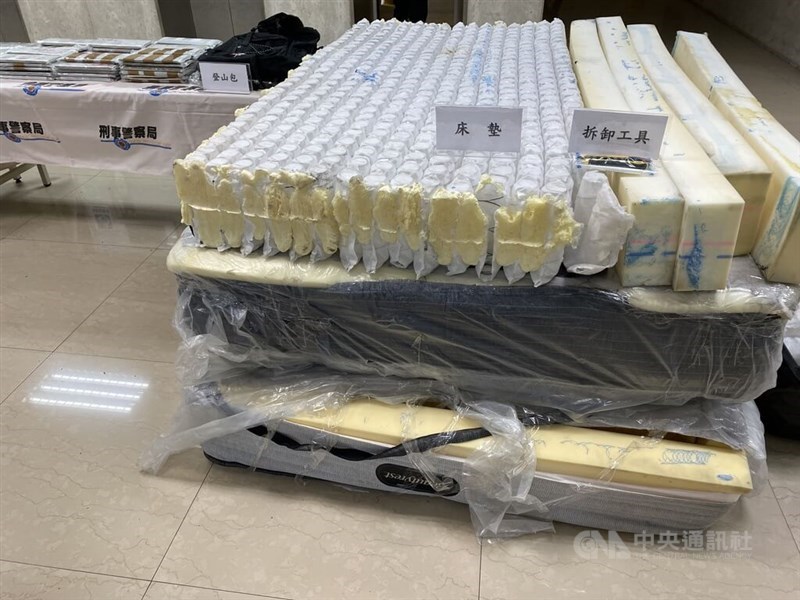 The Criminal Investigation Bureau presents the mattresses imported from the United States which it discovered to have contained 117 kilograms of marijuana. CNA photo Jan. 6, 2025