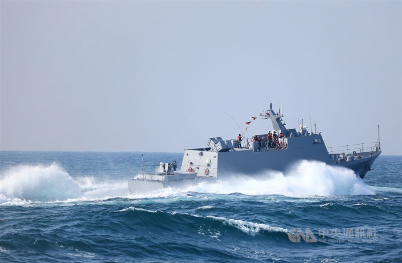 Kuang Hua VI-class missile boats pursue an vessel as a part of a Thursday drill. CNA photo Jan. 9, 2025