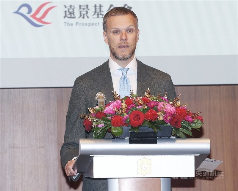 Former Lithuanian Foreign Minister Gabrielius Landsbergis in a speech arranged by the Ministry of Foreign Affairs and Prospect Foundation on Wednesday. CNA photo Jan. 15, 2025