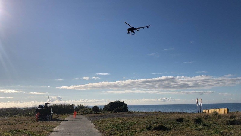 A drone conducts a search for the debris of the crashed trainer jet in eastern Taiwan. Photo courtesy of the Coast Guard Administration Feb. 16, 2025