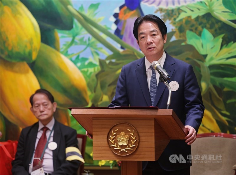 President Lai Ching-te delivers a speech during a meeting with the Overseas 228 Survivors Homecoming Group in Taipei on Monday. CNA photo Feb. 24, 2025