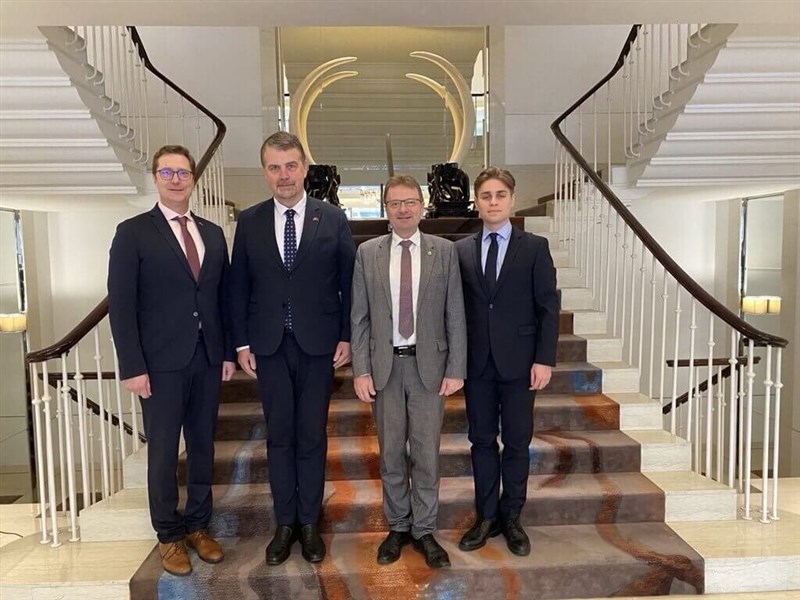 Members of an EP delegation led by a vice-president of the Renew Europe political group, Ivars Ījabs from Latvia, post for photos in Taipei. Photo courtesy of MOFA Feb. 25, 2025