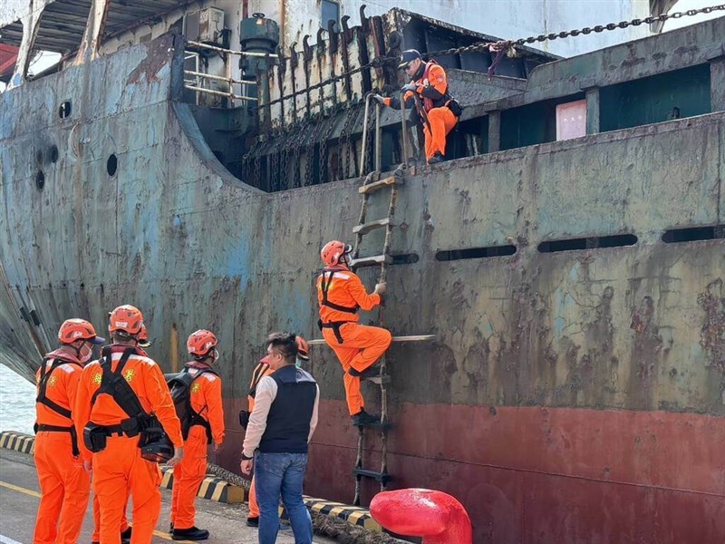 Taiwan's coast guards board the Togo-registered freighter the Hong Tai. Photo courtesy of Coast Guard Administration Feb. 25, 2025