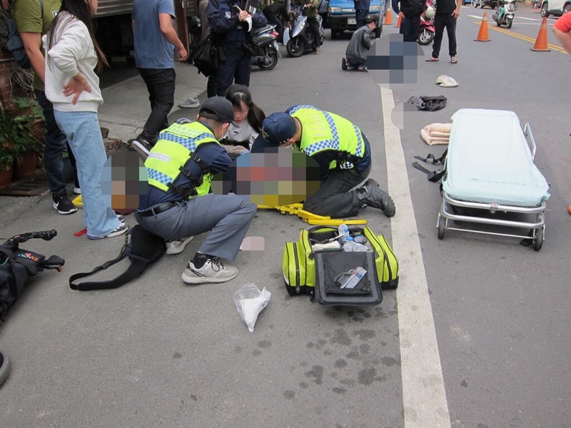 The scene of a road traffic accident in Chiayi's Meishan Township in which a 104-year-old woman in a wheelchair was killed and her caretaker was injured after they were struck from behind by a vehicle on Sunday. Photo courtesy of local police March 2, 2025