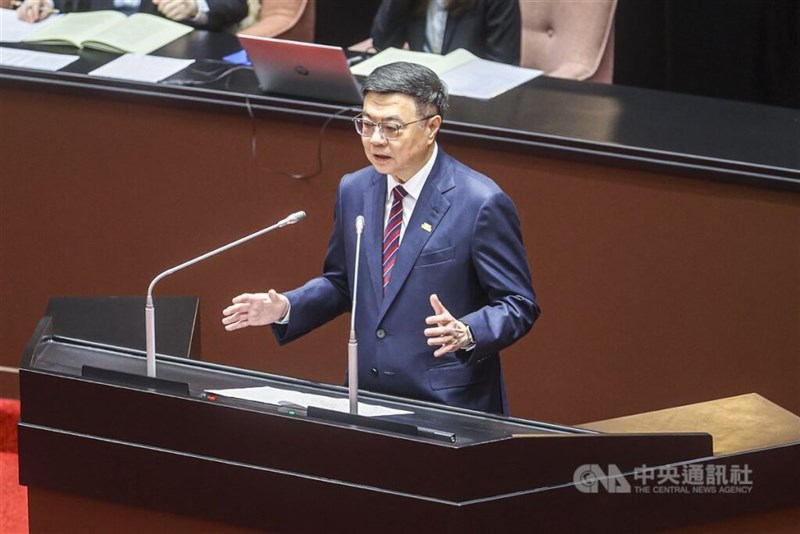 Premier Cho Jung-tai (卓榮泰) speaks on Taiwan's defense spending at a legislative session on Wednesday. CNA photo March 12, 2025