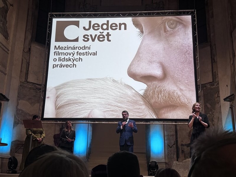 Šimon Pánek, the executive director of the Czech humanitarian organisation People in Need, speaks during the opening of this year's One World International Human Rights Film Festival on March 12. Photo courtesy of Taiwan's representative office in Czech Republic March 13, 2025