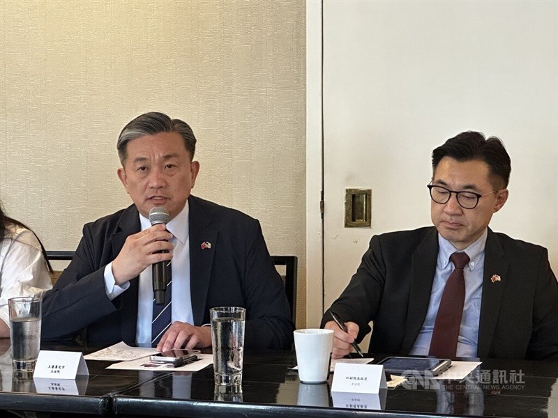 DPP Legislator Wang Ting-yu (left) and Deputy Legislative Speaker Johnny Chiang (right) meet the press in Washington, D.C. on Friday. CNA photo May 3, 2025