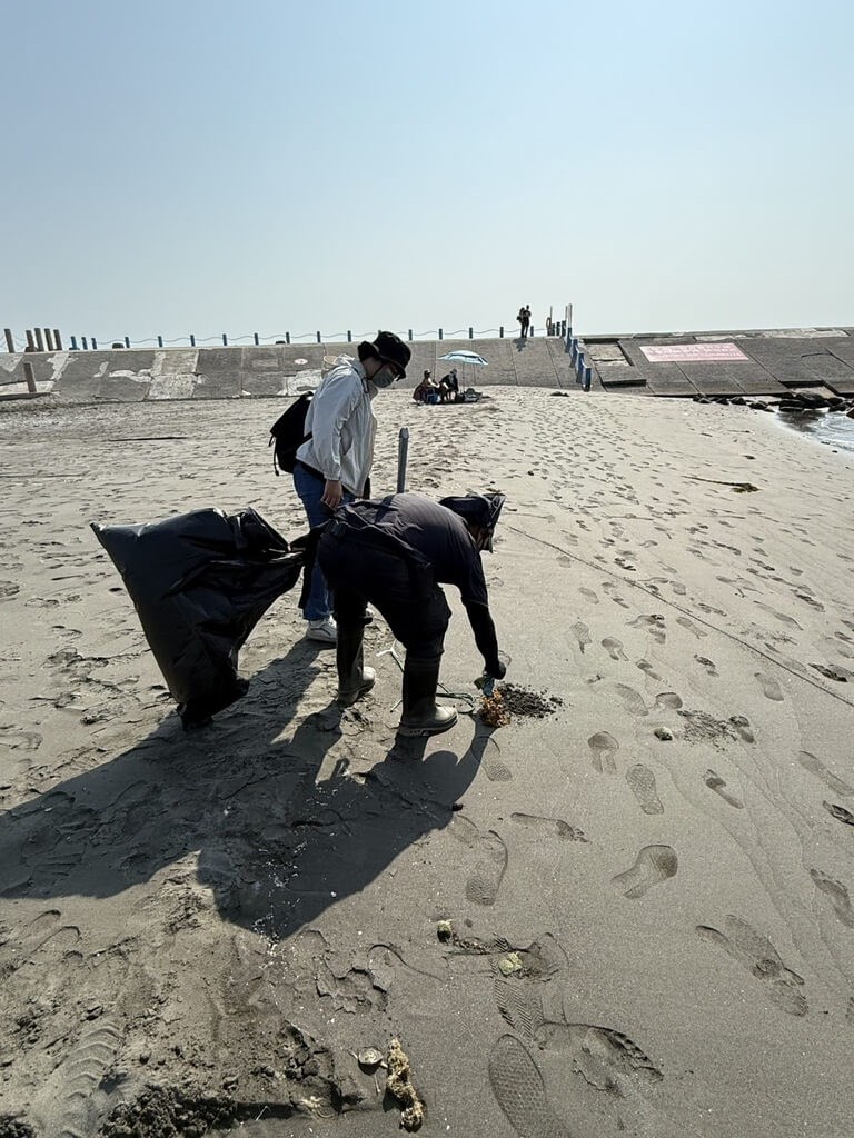 Kaohsiung City Marine Bureau officials clean up a washed up Portuguese man o' war in Kaohsiung's Sizihwan. Photo courtesy of the Kaohsiung City Marine Bureau