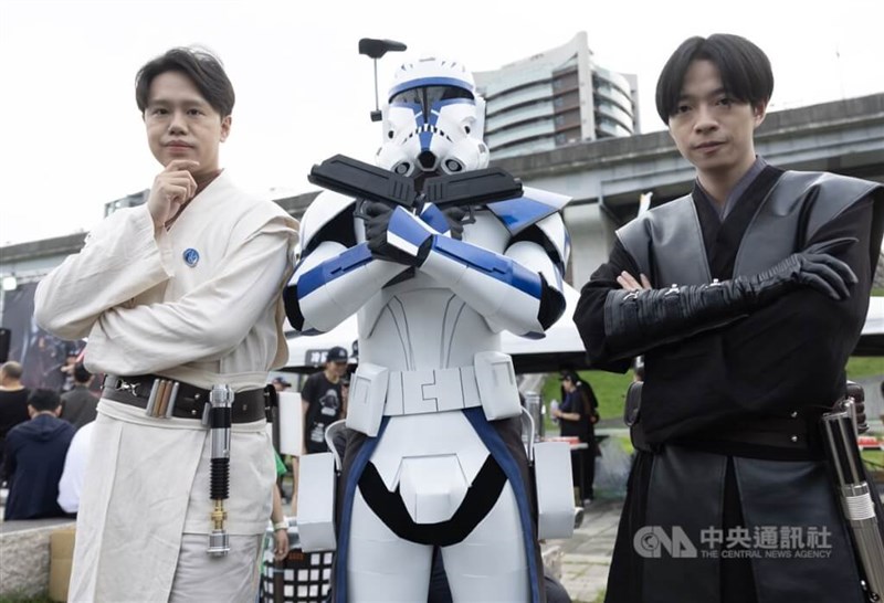 Cosplayers dress as Jedi Master Obi-Wan Kenobi, Clone Trooper Capitan Rex and Jedi Knight Anakin Skywalker (from left to right) at the 2025 Star Wars Run on Sunday. CNA photo May 4, 2025