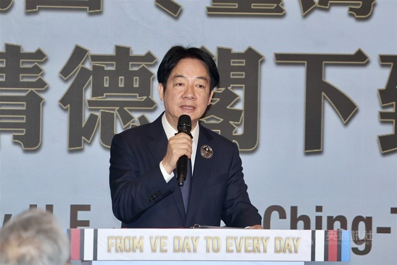 President Lai Ching-te delivers a speech at a reception held in Taipei on the 80th anniversary of VE Day. CNA photo May 8, 2025