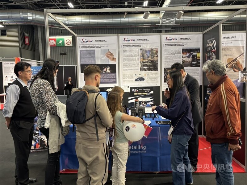 The booth showcasing a biomimetic waterproof car coating inspired by the lotus leaf effect. CNA photo May 10, 2025