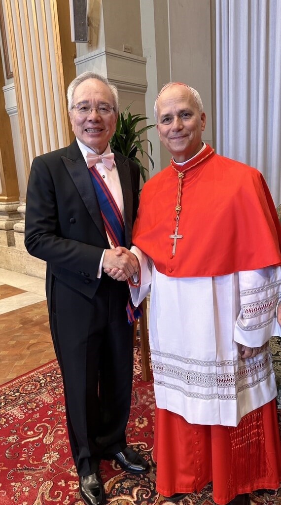 Outgoing Republic of China (Taiwan) ambassador to the Holy See Matthew Lee (left) meets Robert Prevost (right) on Sept. 30, 2023. Photo courtesy of Matthew Lee