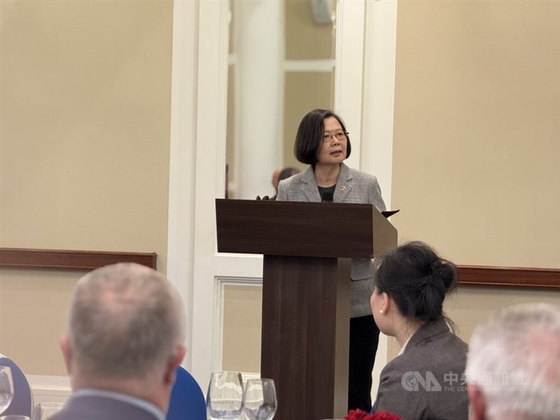 Former President Tsai Ing-wen speaks at a reception organized by the Lithuania-Taiwan Parliamentary Friendship Group welcoming her on her first visit to the Baltic state on Saturday. CNA photo May 10, 2025
