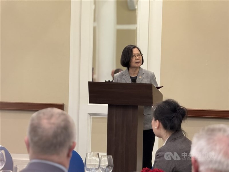 Former President Tsai Ing-wen speaks at a reception organized by the Lithuania-Taiwan Parliamentary Friendship Group welcoming her on her first visit to the Baltic state on Saturday. CNA photo May 10, 2025