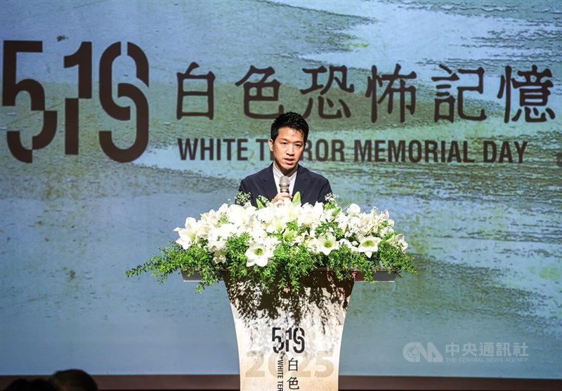 Presidential Office Deputy Secretary-General Mark Ho Chih-wei makes a speech in honor of White Terror Memorial Day. CNA photo May 19, 2025