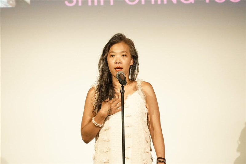 Taiwanese director Tsou Shih-ching delivers a speech after her movie "Left-Handed Girl" won the Gan Foundation Award for Distribution at the Cannes Critics' Week on Wednesday. Photo courtesy of Left-Handed Girl productions