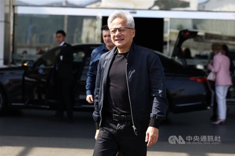 Nvidia Corp. CEO Jensen Huang arrives at Taipei Songshan Airport on Friday. CNA photo May 23, 2025