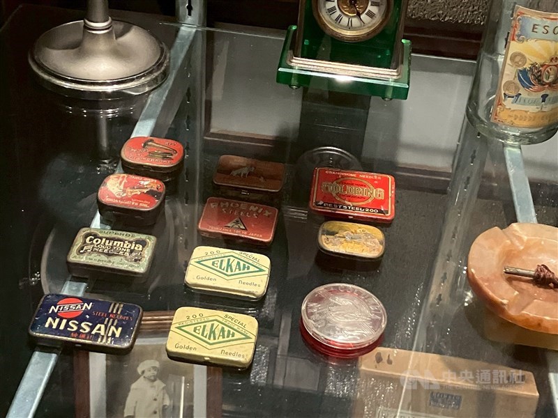 Metal containers housing styli for playing vintage shellac records are displayed at “Modern Era: The Dawn of Pop Music” exhibition in Taipei. CNA photo May 23, 2025