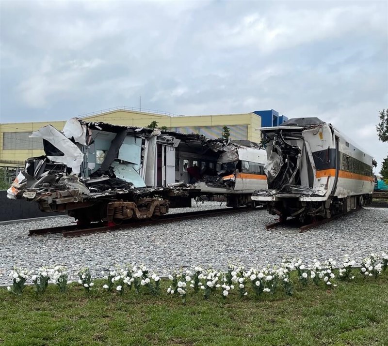 Cars from the Taroko Express train that was destroyed in the 2021 disaster is placed at a designated memorial location at the TRC Fugang Mechanical Engineering Depot. Photo courtesy of Taiwan Railway Corporation