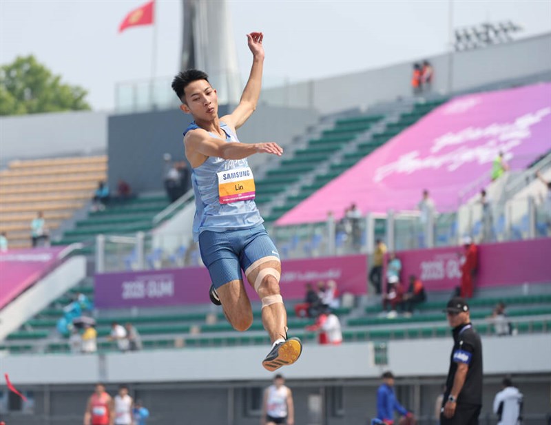Taiwanese defending gold medalist Lin Yu-tang takes a leap at the 2025 Asian Athletics Championships long jump event in Gumi, South Korea, on Thursday. Photo courtesy of Chinese Taipei Athletics Association