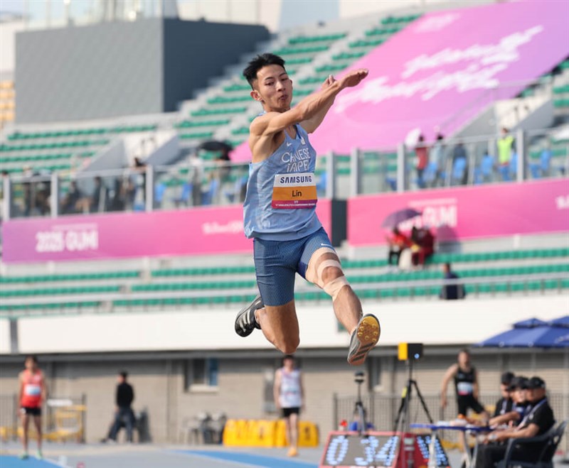 Taiwanese defending gold medalist Lin Yu-tang takes a leap at the 2025 Asian Athletics Championships long jump event in Gumi, South Korea, on Friday. Photo courtesy of Chinese Taipei Athletics Association