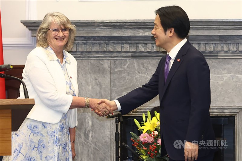 President Lai Ching-te (right) greets a visiting French parliamentary delegation led by lawmaker Marie-Noëlle Battistel (left) at the Presidential Office in Taipei on Thursday. CNA photo June 12, 2025